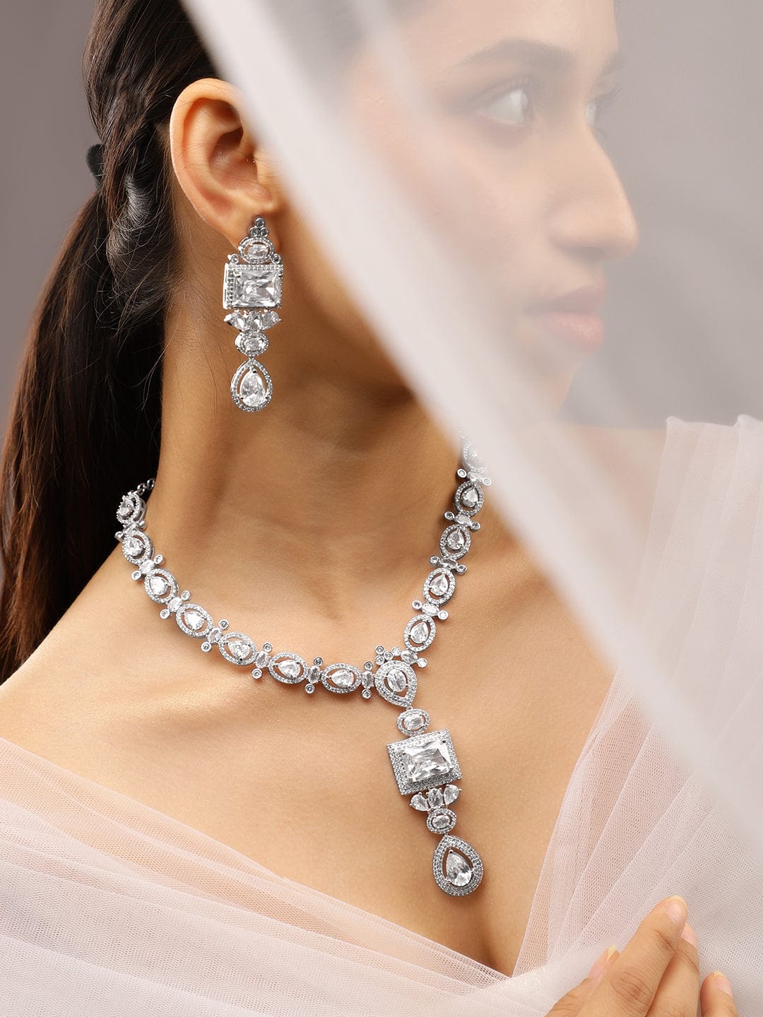 American Diamond Zirconia Geometric Teardrop Necklace Set