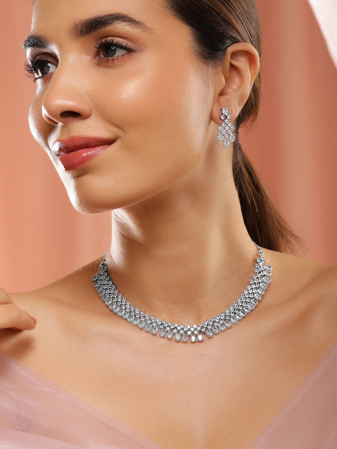 Wentra Rhodium-Plated White Cubic Zirconia Studded Statement Necklace Set