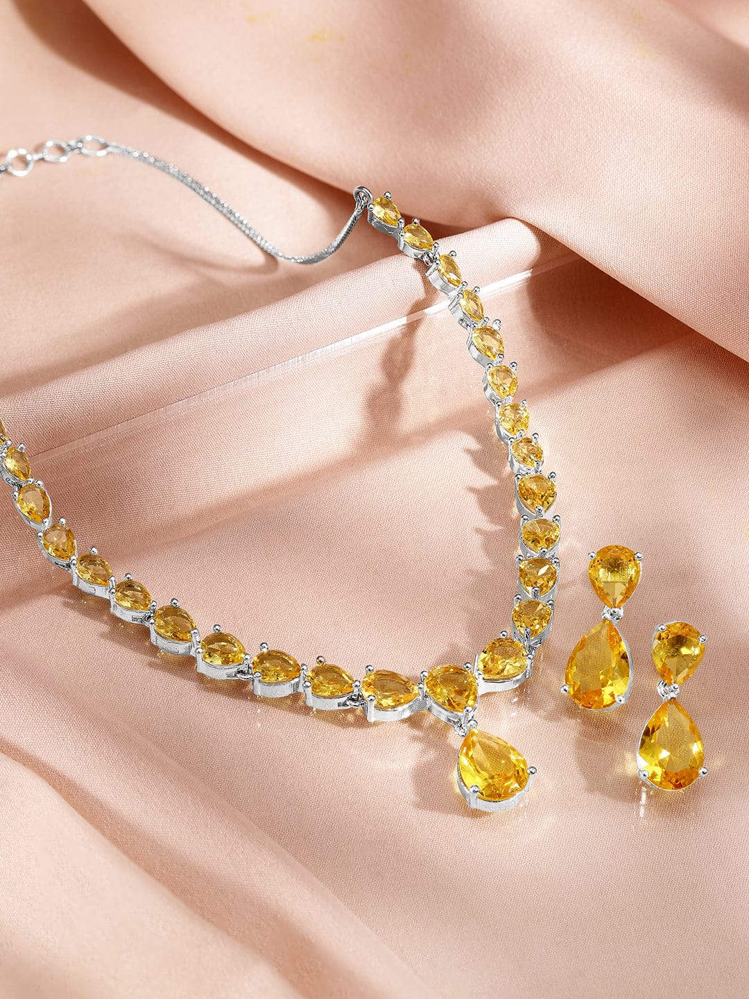 Yellow Studded American Diamond Zirconia Necklace Set