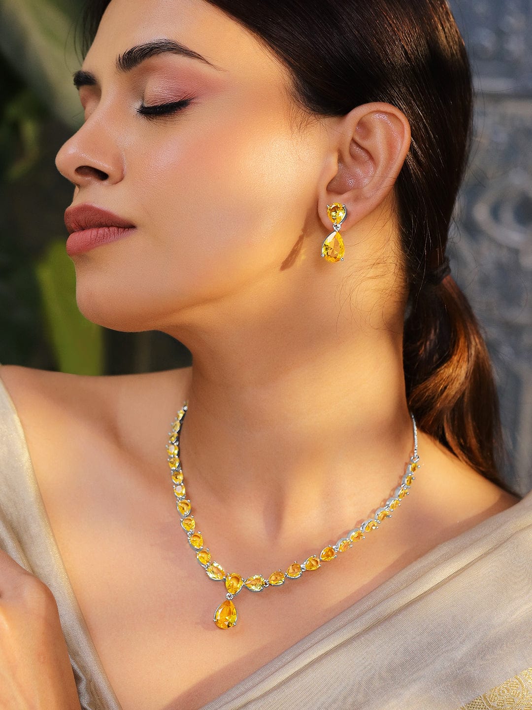 Yellow Studded American Diamond Zirconia Necklace Set