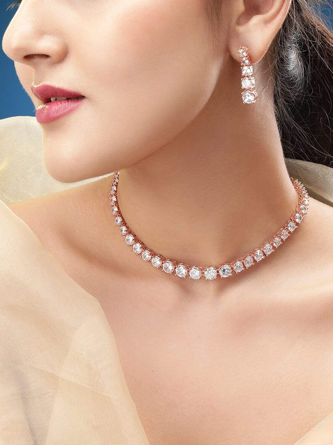 Wentra Rose Gold  Plated Handcrafted Zircon Stone Necklace Set