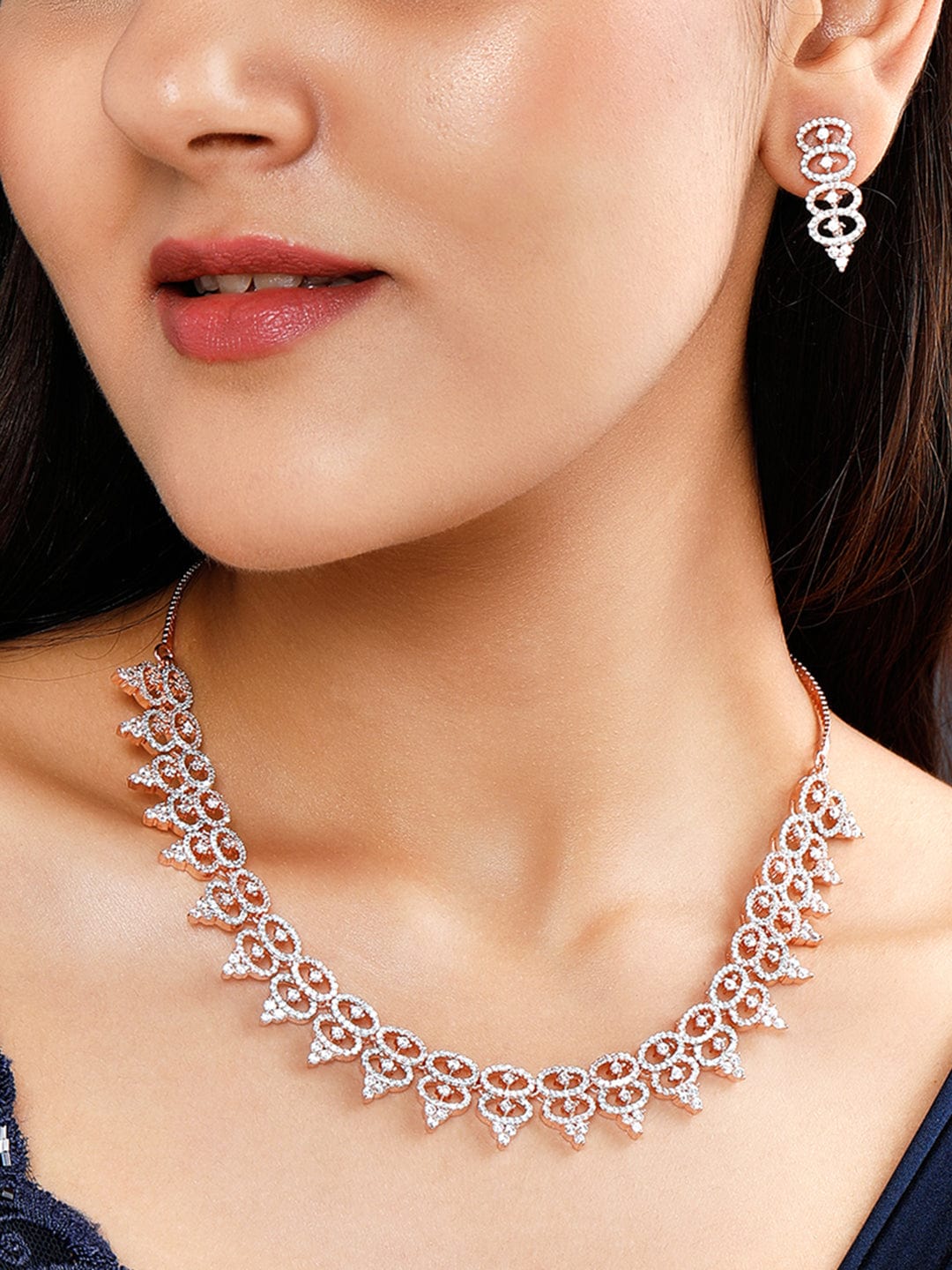 Wentra Rose Gold Plated Necklace Set With American Diamonds.
