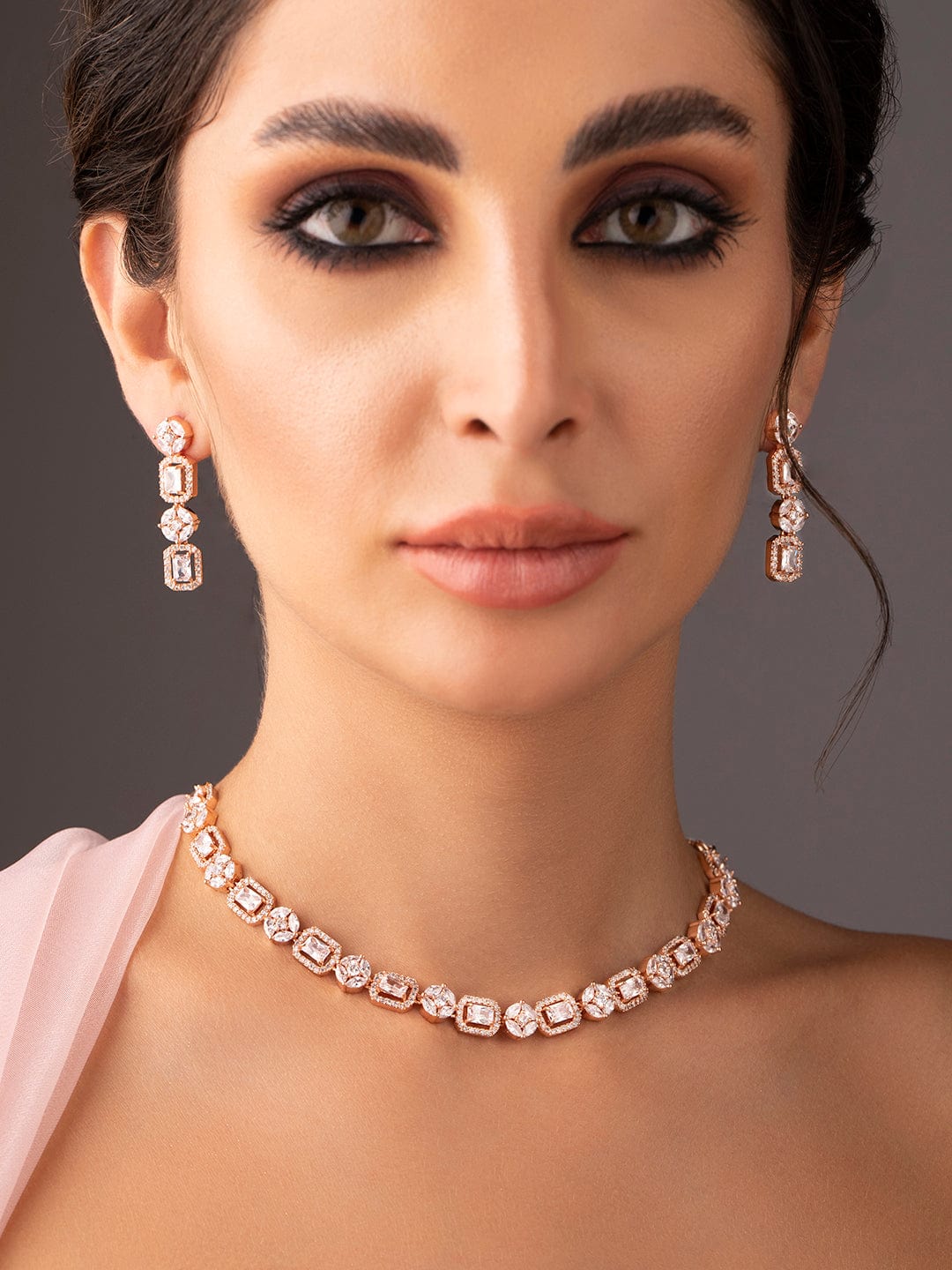 American Diamond Zirconia Rose Gold Necklace Set