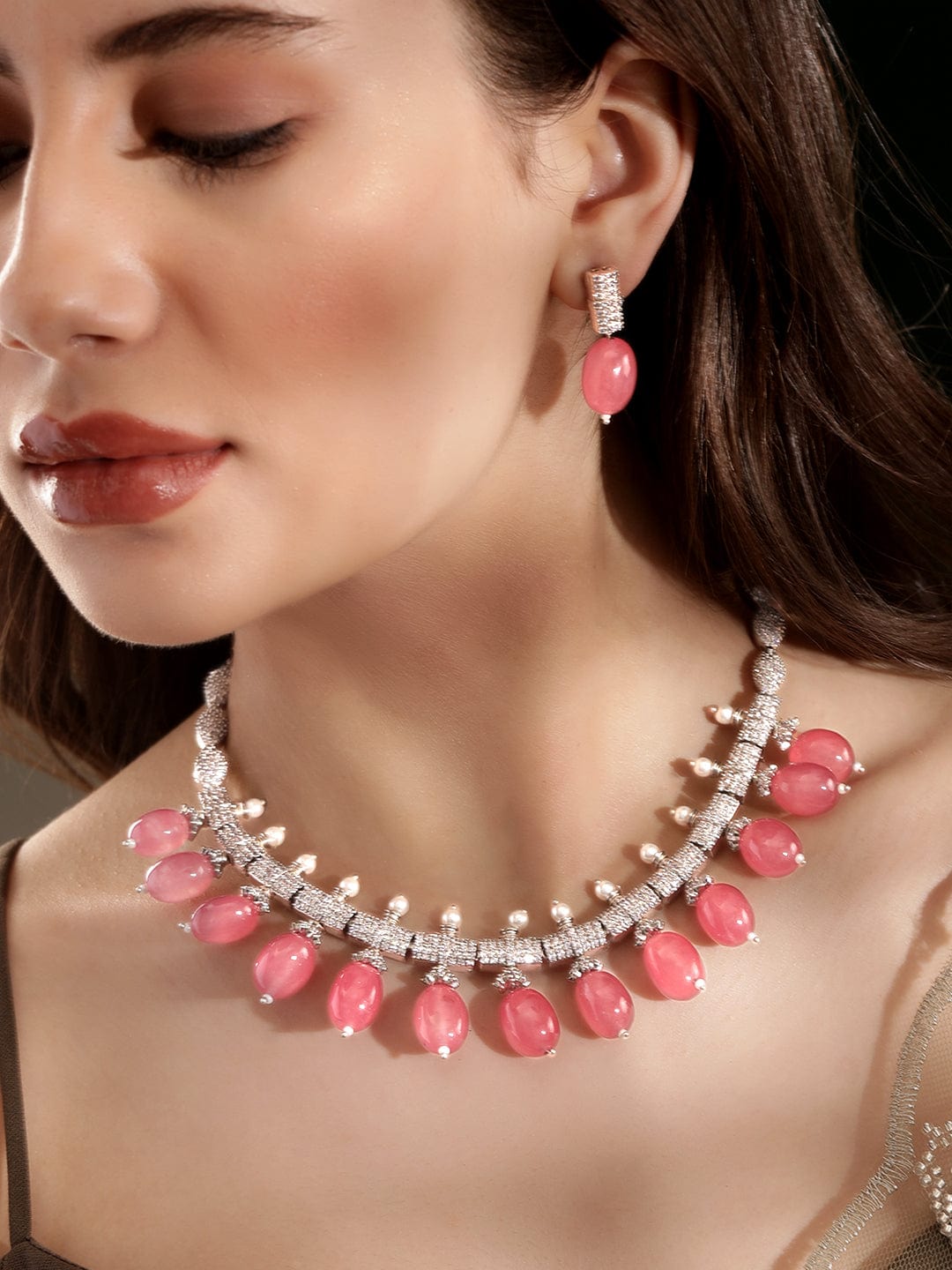 Silver American Diamond Zirconia Red Beads Necklace Set