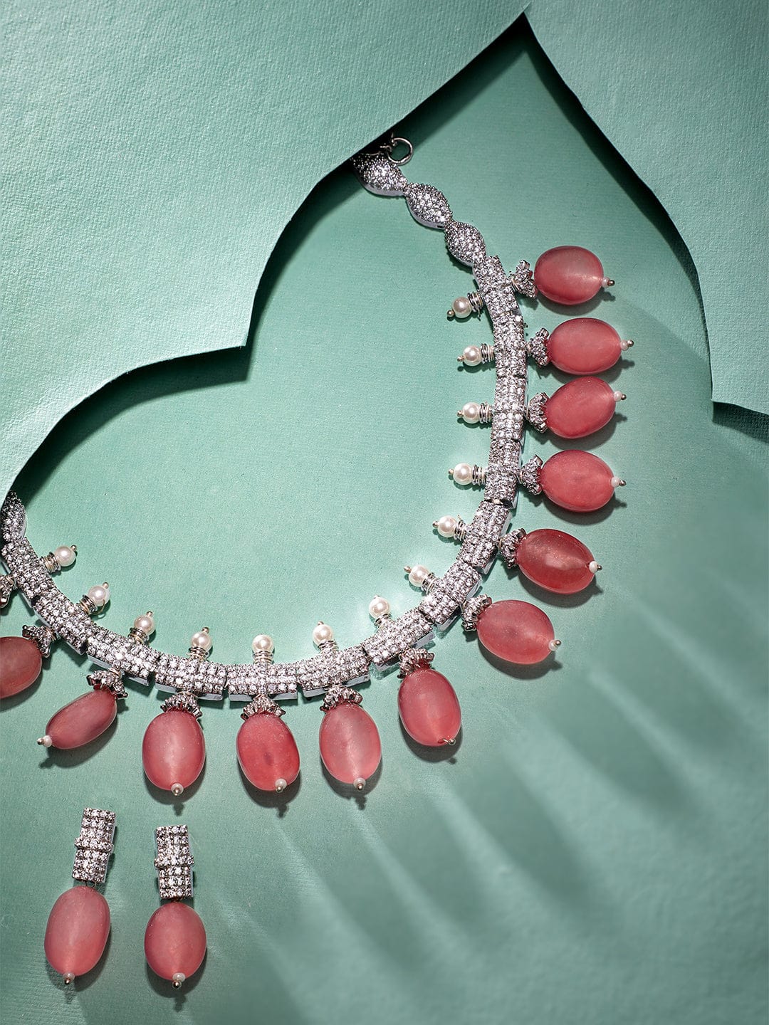 Silver American Diamond Zirconia Red Beads Necklace Set