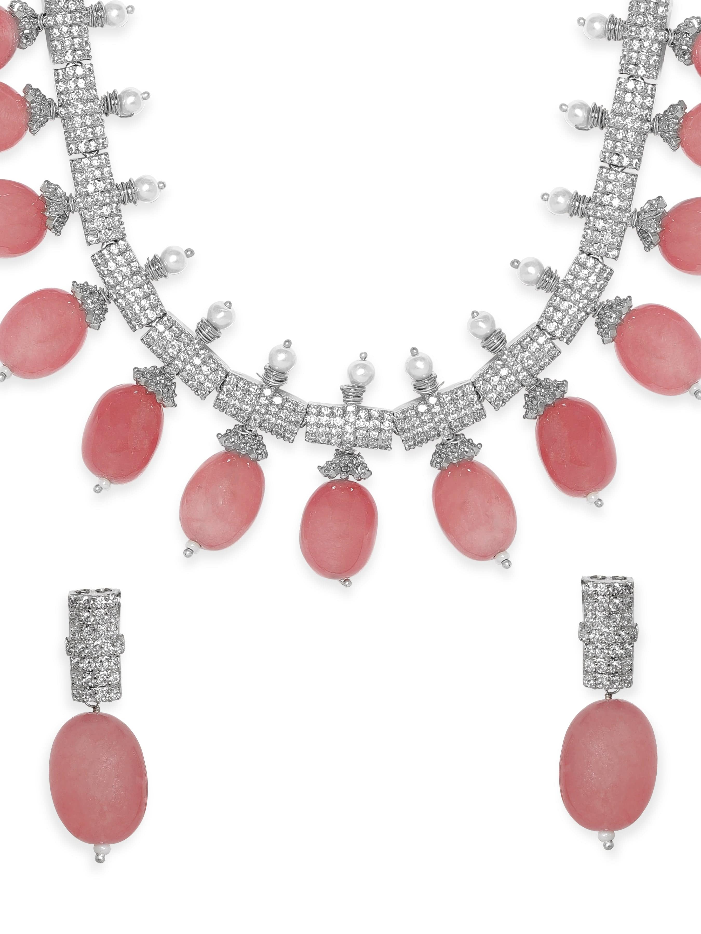 Silver American Diamond Zirconia Red Beads Necklace Set