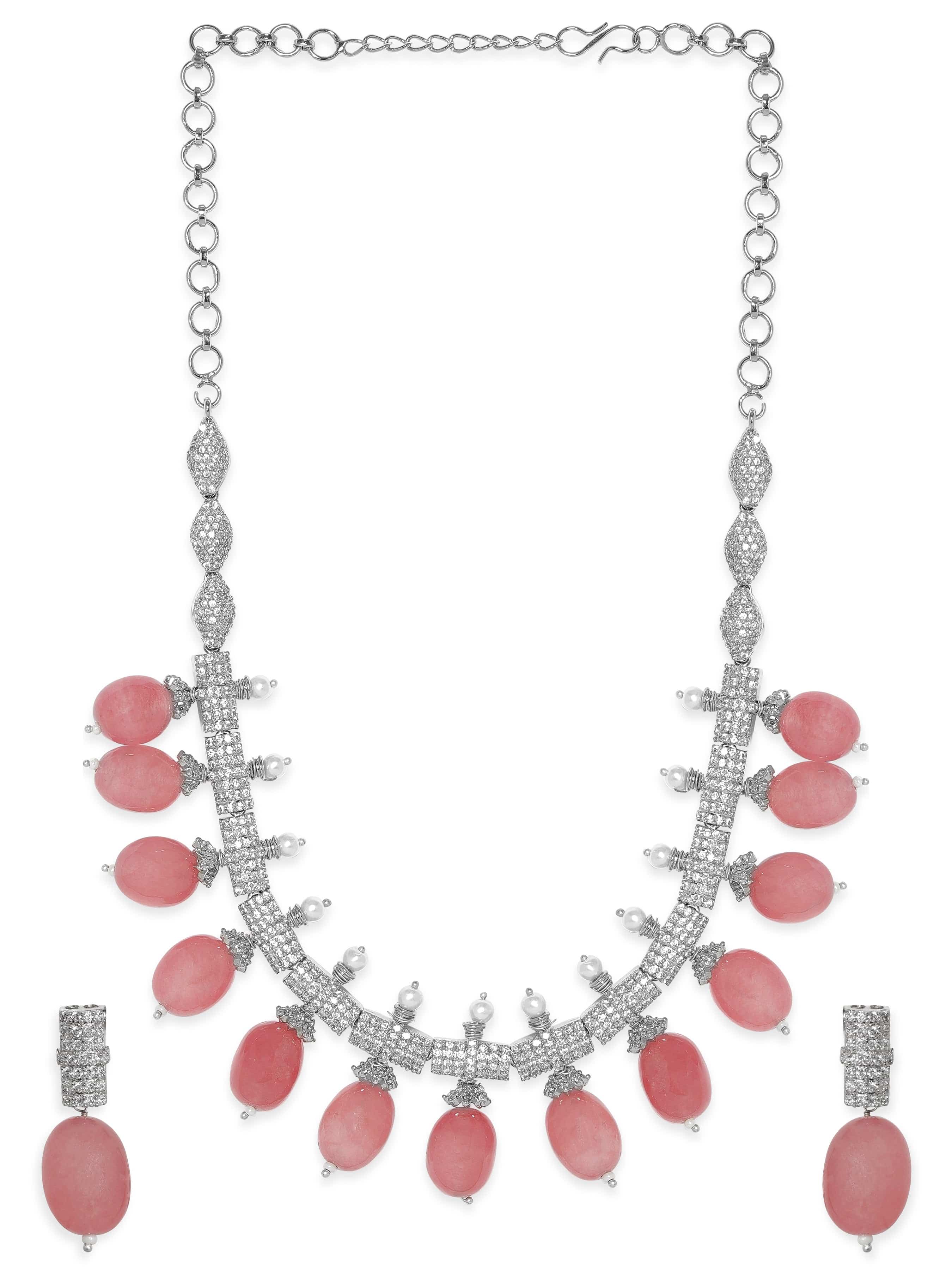 Silver American Diamond Zirconia Red Beads Necklace Set