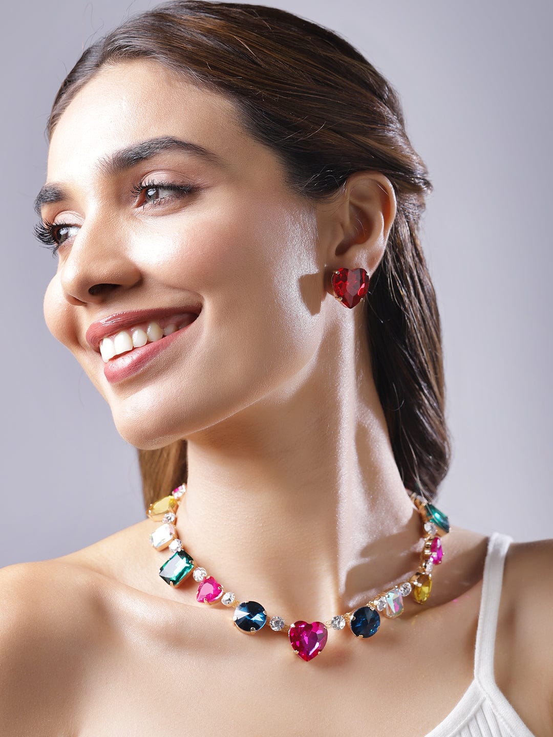 Multi Colored disco Crystal Necklace Set with heart Stud earrings