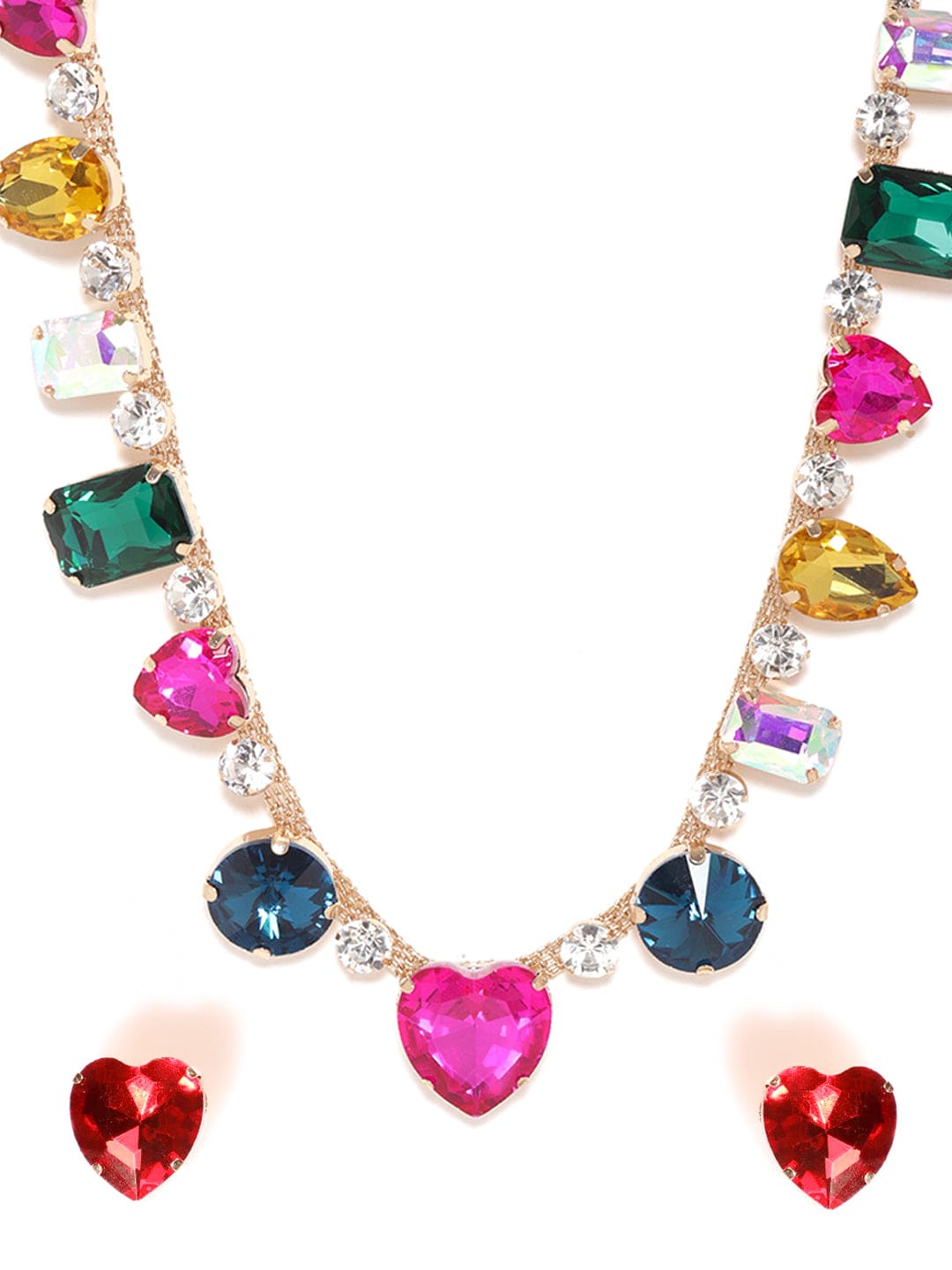 Multi Colored disco Crystal Necklace Set with heart Stud earrings
