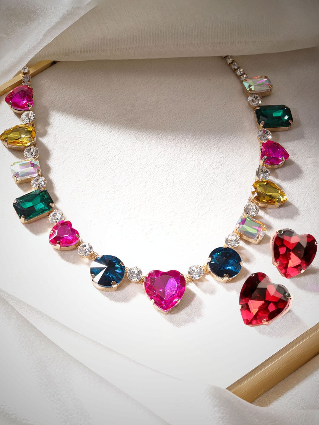 Multi Colored disco Crystal Necklace Set with heart Stud earrings