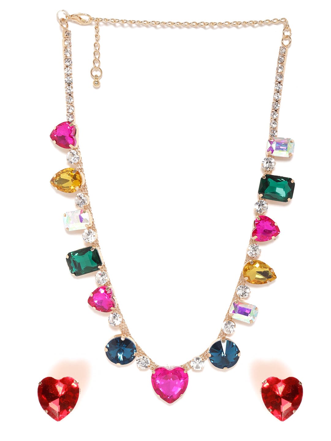 Multi Colored disco Crystal Necklace Set with heart Stud earrings