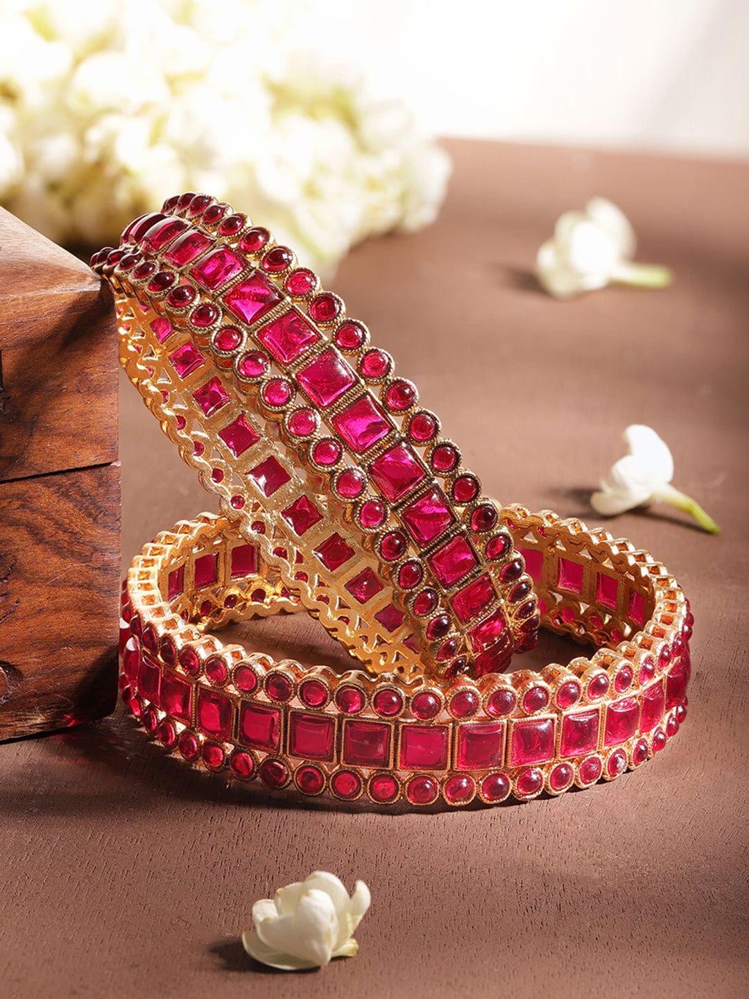 Pink Studded Gold Toned Bangles Set of 2
