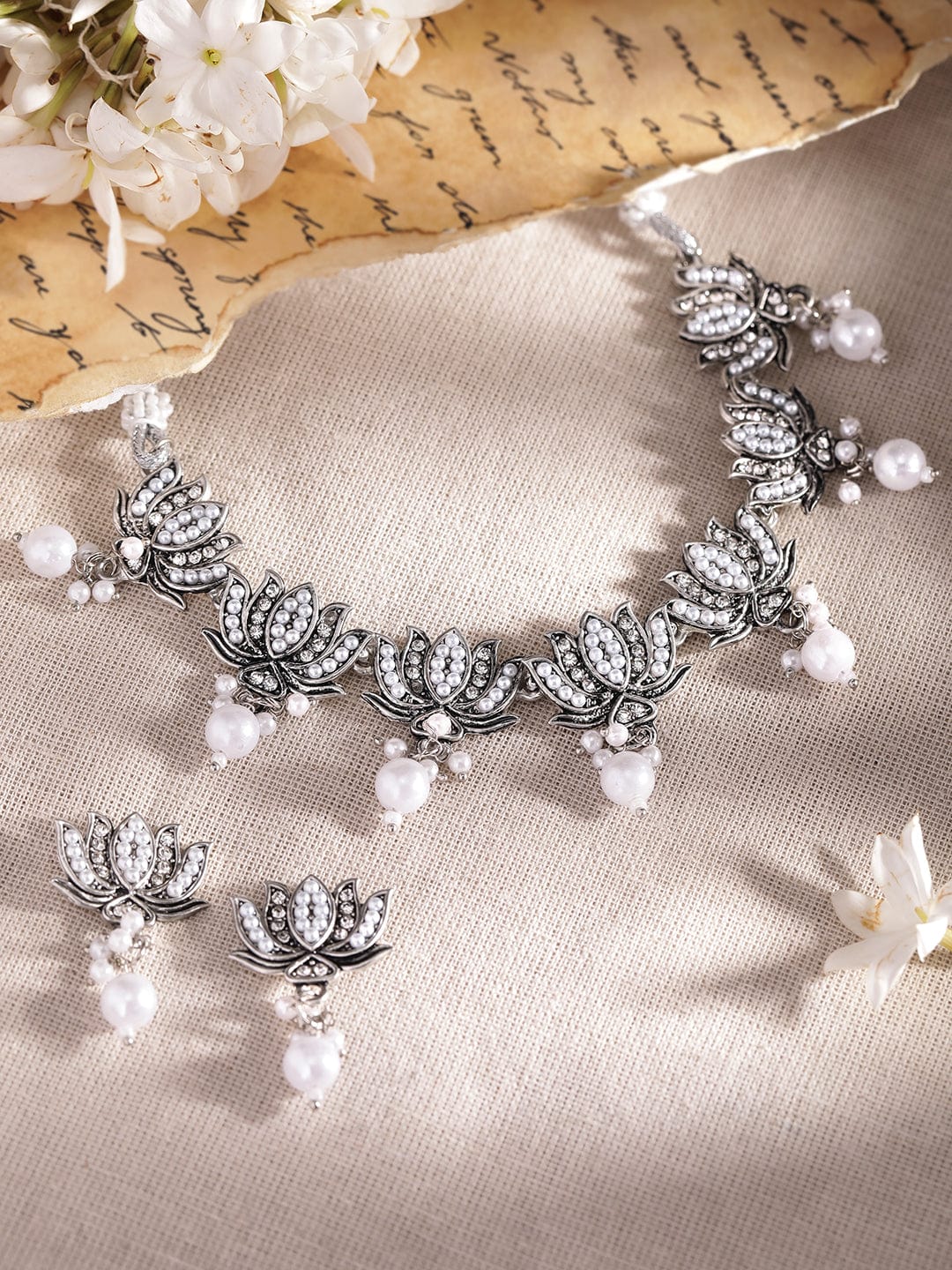 Floral Motif Oxidised Pearl Necklace Set