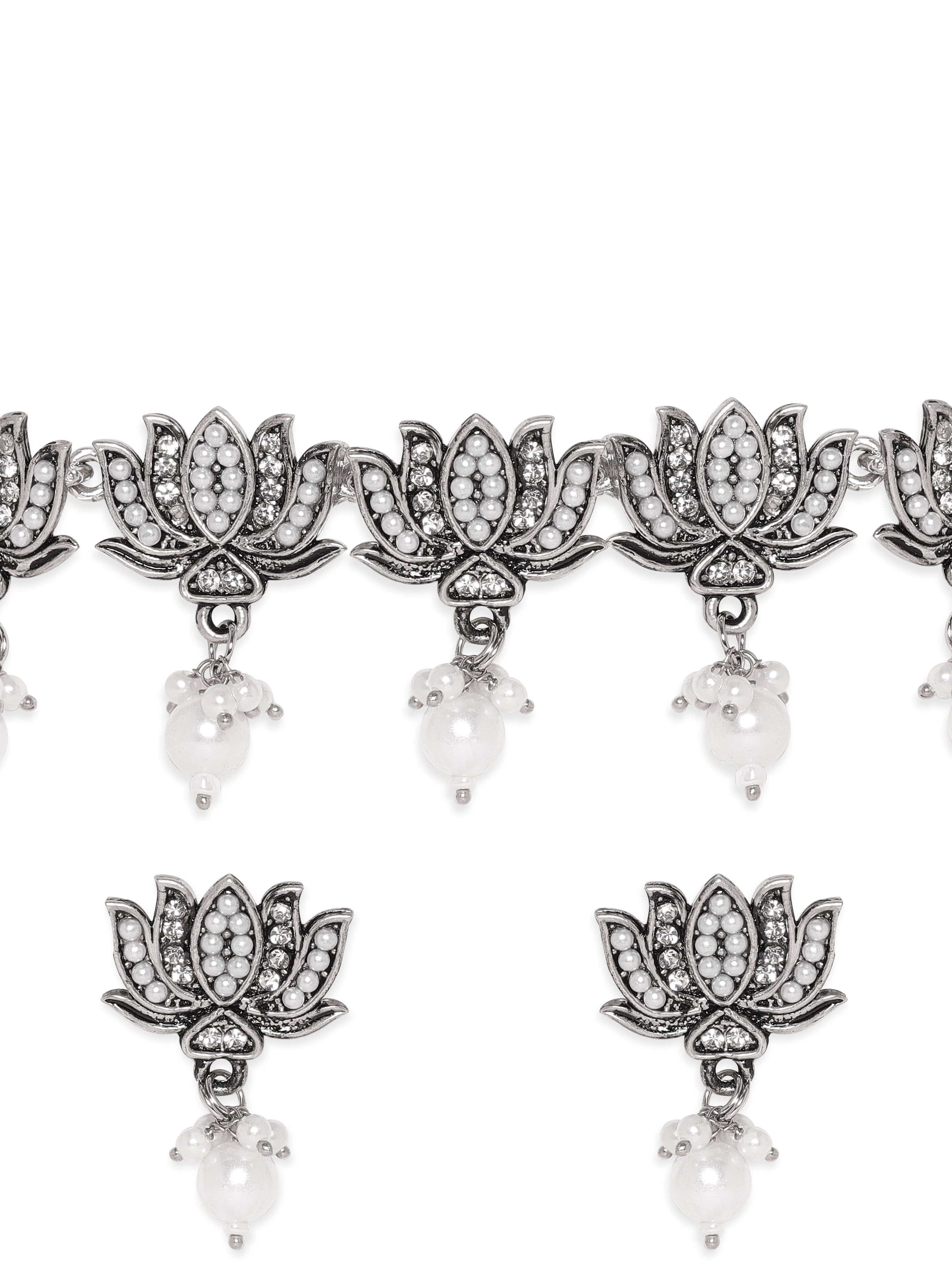 Floral Motif Oxidised Pearl Necklace Set