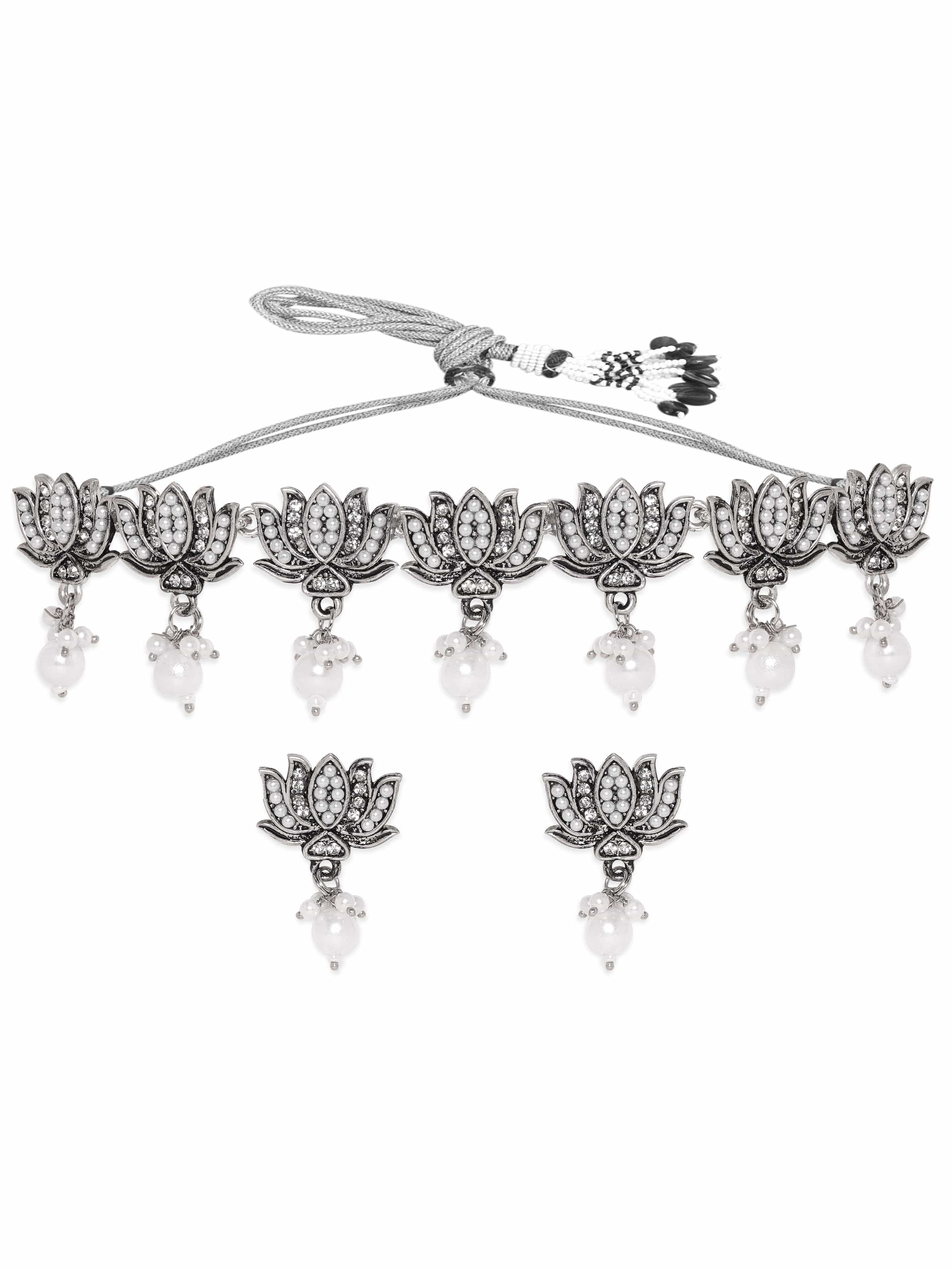 Floral Motif Oxidised Pearl Necklace Set