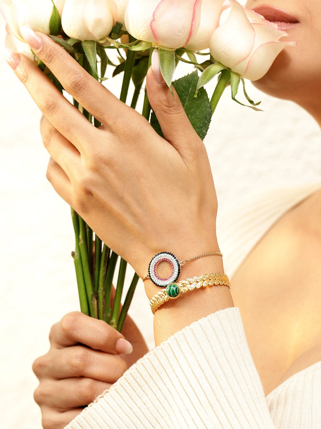 Wentra Set of 2, 18K Gold-Plated Bracelets with Beaded Circular Design & Green Stone Cuff