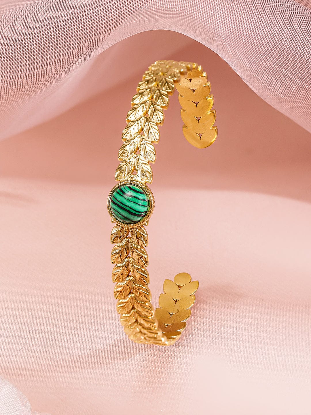 Wentra Set of 2, 18K Gold-Plated Bracelets with Beaded Circular Design & Green Stone Cuff