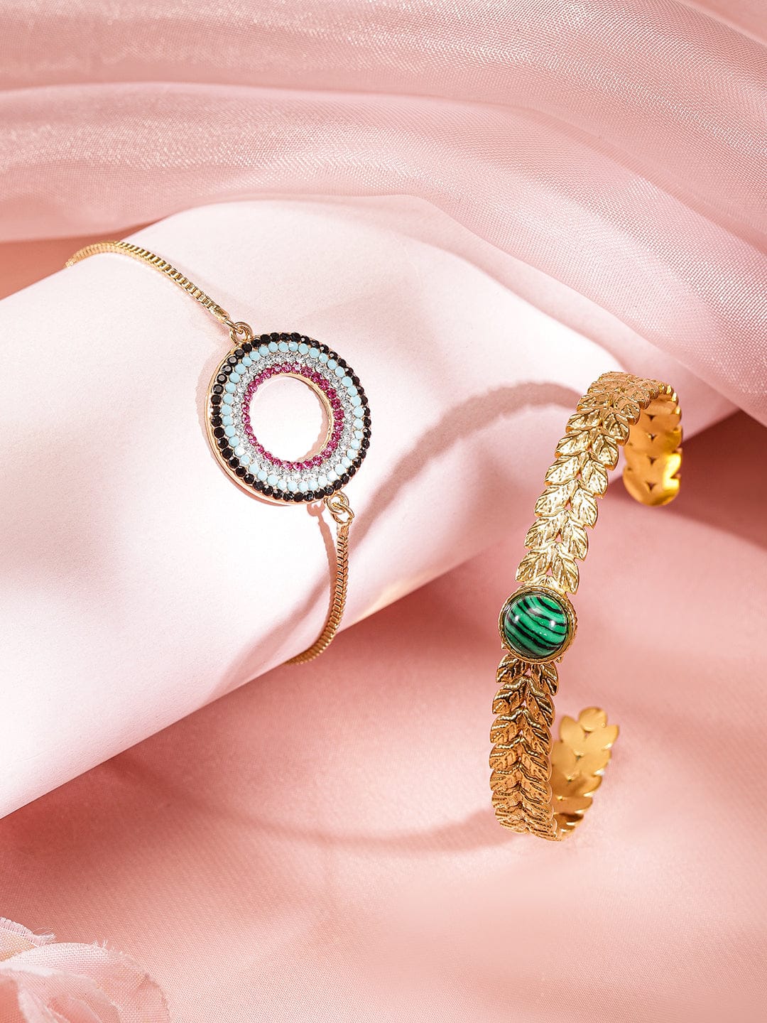 Wentra Set of 2, 18K Gold-Plated Bracelets with Beaded Circular Design & Green Stone Cuff