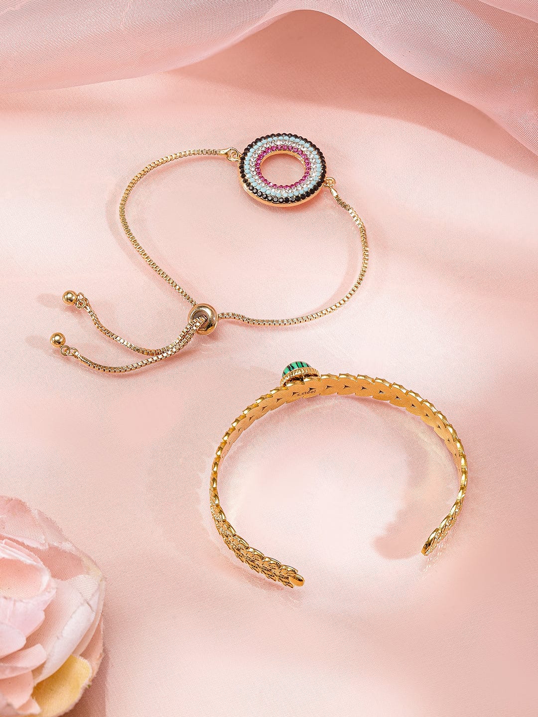 Wentra Set of 2, 18K Gold-Plated Bracelets with Beaded Circular Design & Green Stone Cuff