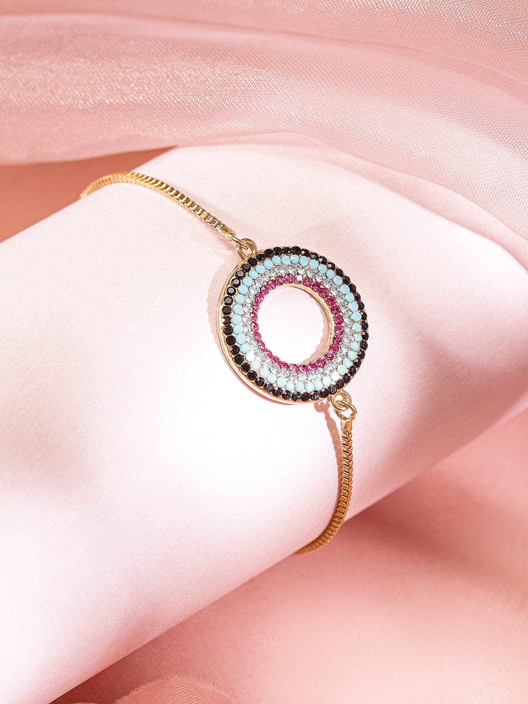 Wentra Set of 2, 18K Gold-Plated Bracelets with Beaded Circular Design & Green Stone Cuff