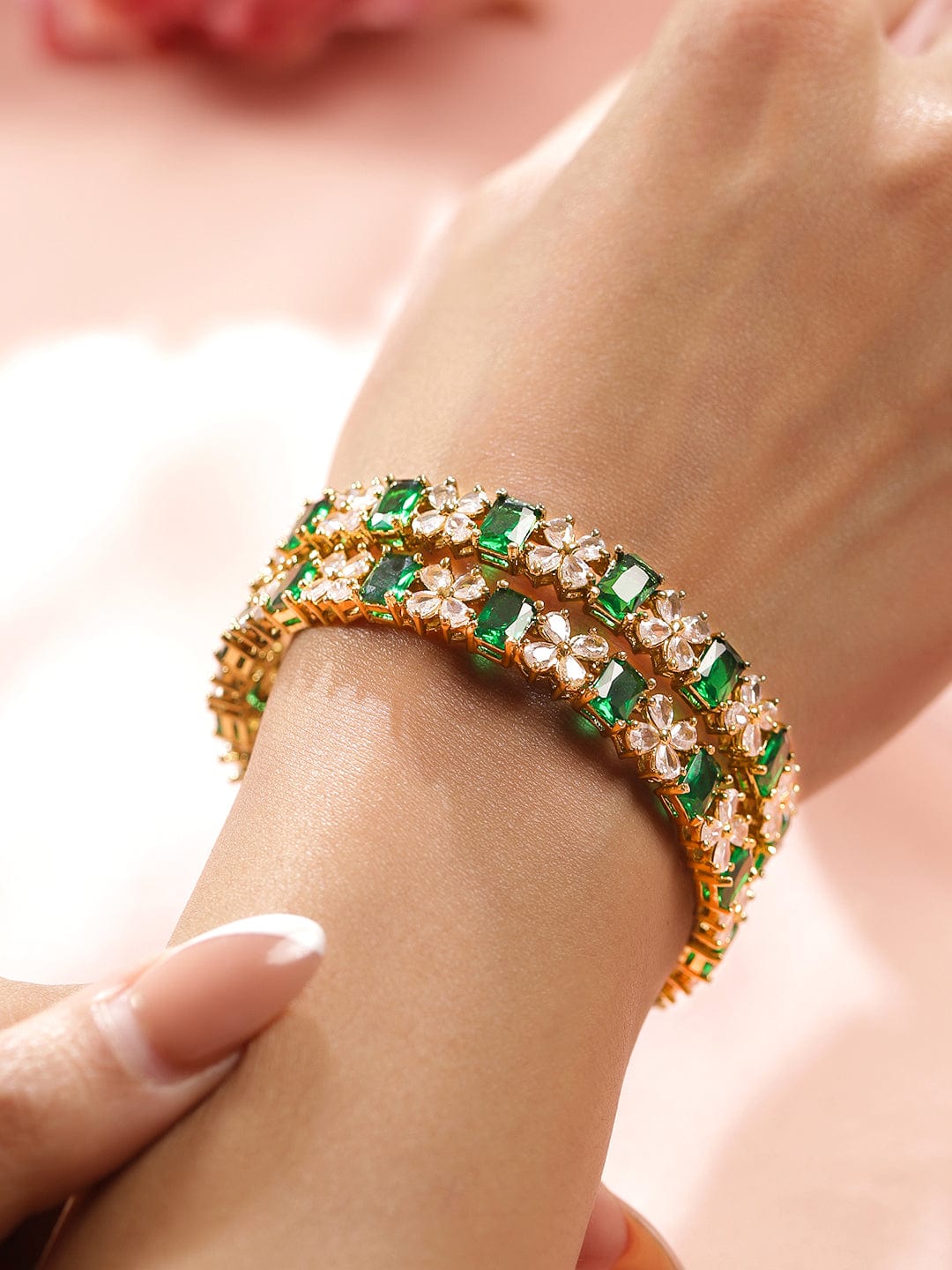 Wentra Set of 2 18K Gold-Plated Emerald Green & White Zirconia Floral Studded Bangles