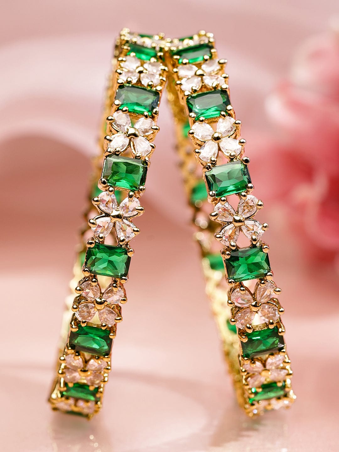 Wentra Set of 2 18K Gold-Plated Emerald Green & White Zirconia Floral Studded Bangles