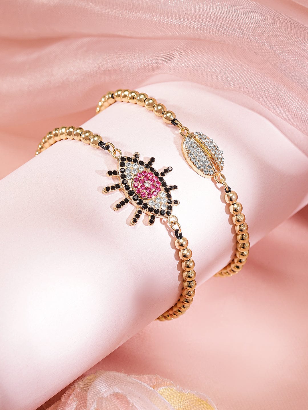 Wentra Set of 2, 18K Gold-Plated Evil Eye & Cowrie Shell Motif Bracelets