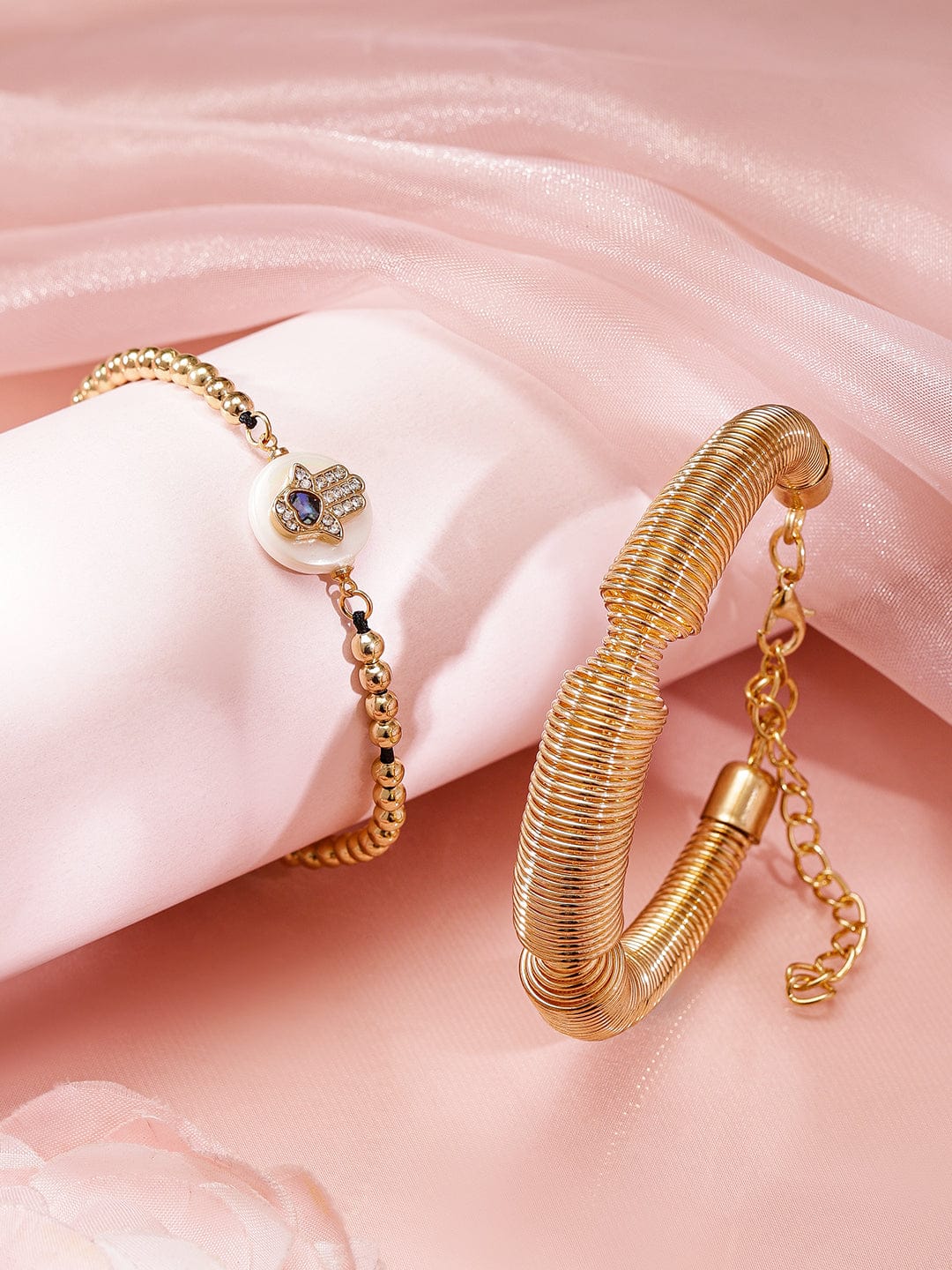 Hand Motif & Textured Gold Bracelet Set