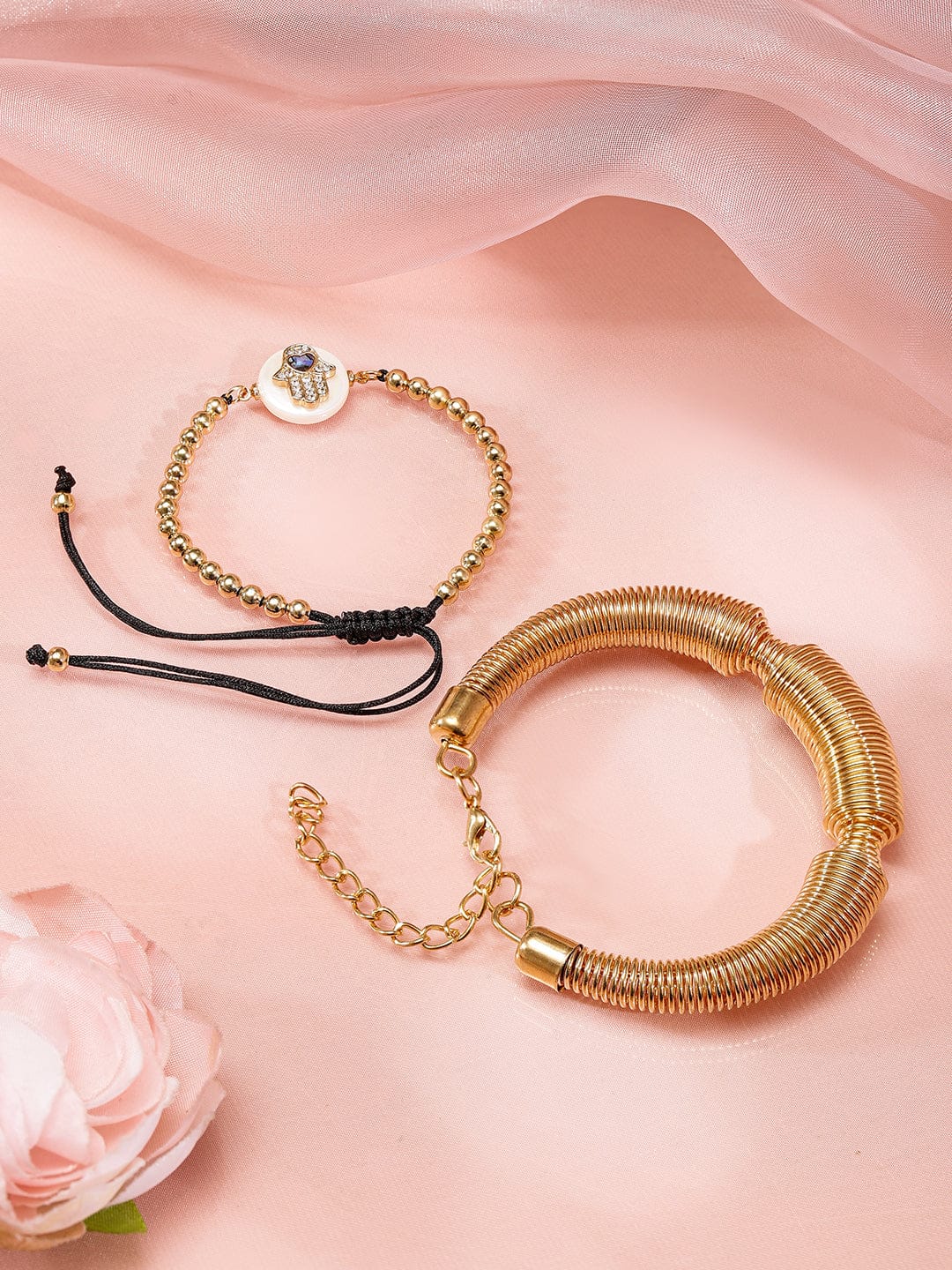 Hand Motif & Textured Gold Bracelet Set