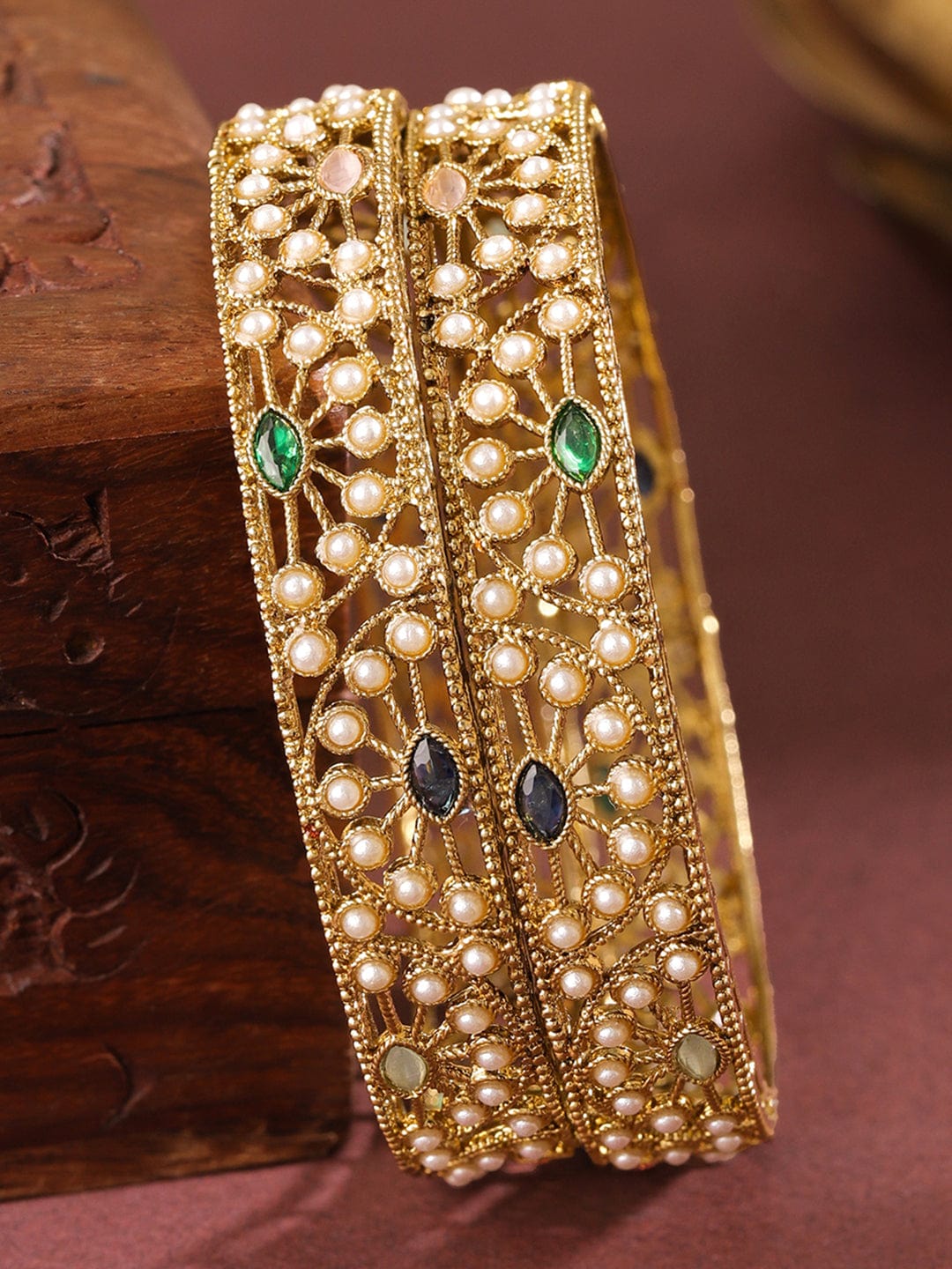 Wentra Set of 2 18K Gold-Plated Mini Pearl Studded & Multi-Coloured Stone Designer Bangles