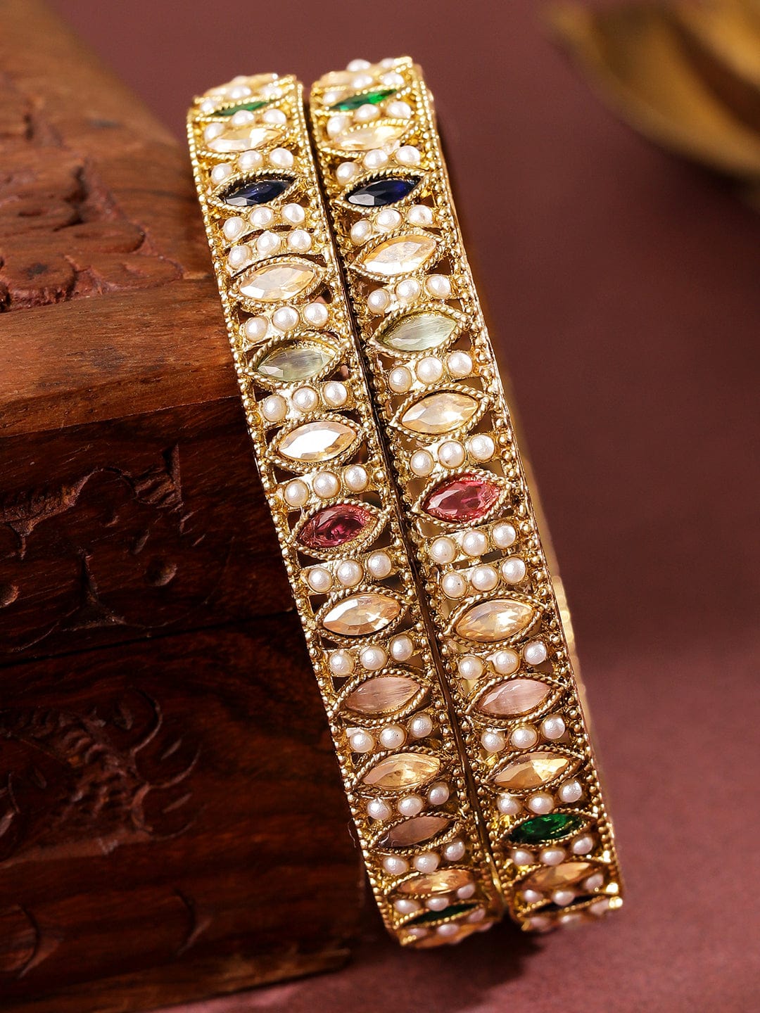 Wentra Set of 2 18K Gold-Plated Mini Pearl Studded & Multi-Colour Stone Patterned Bangles