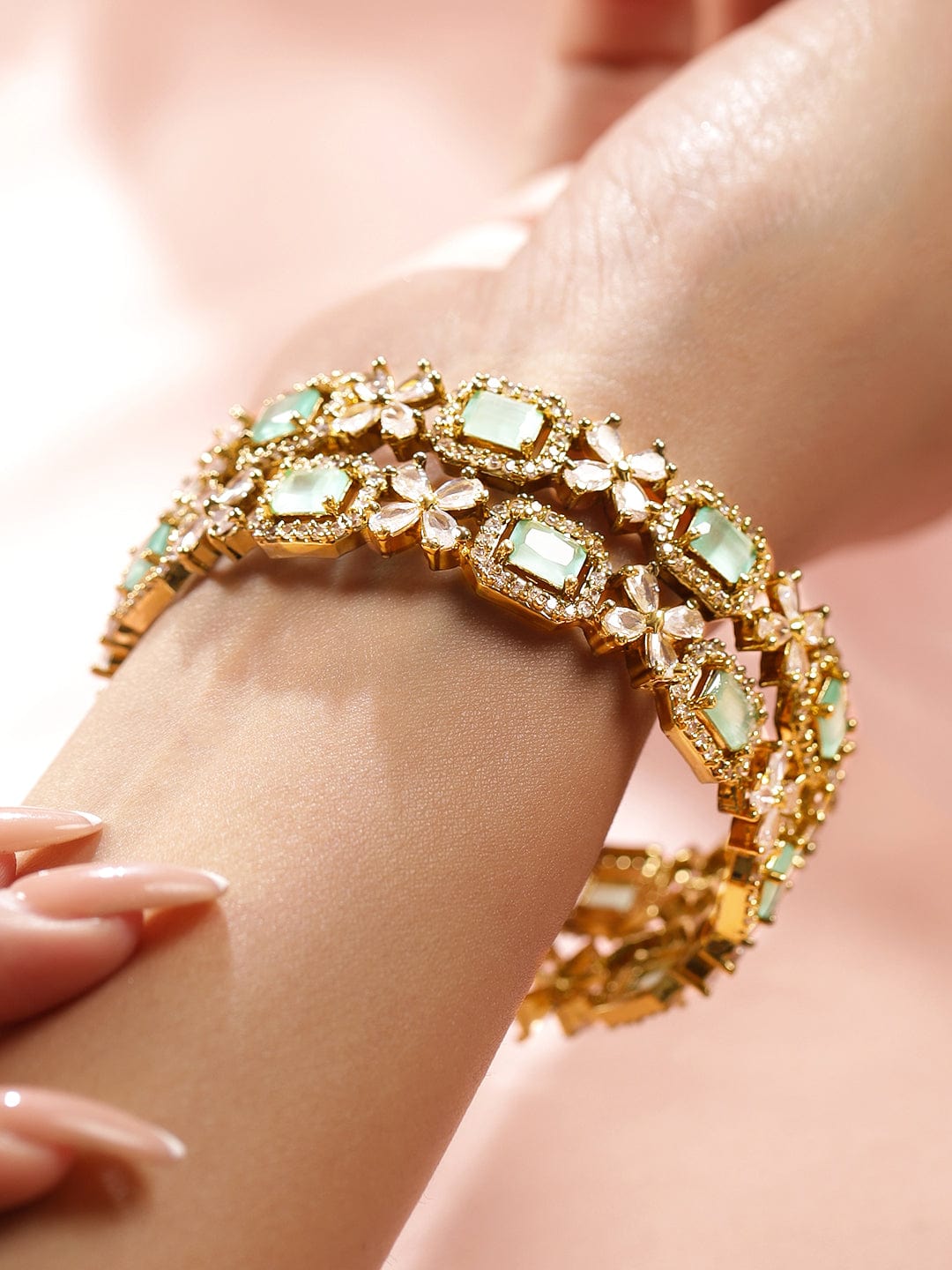 Wentra Set of 2 18K Gold-Plated Mint Green & White Cubic Zirconia Studded Floral Bangles