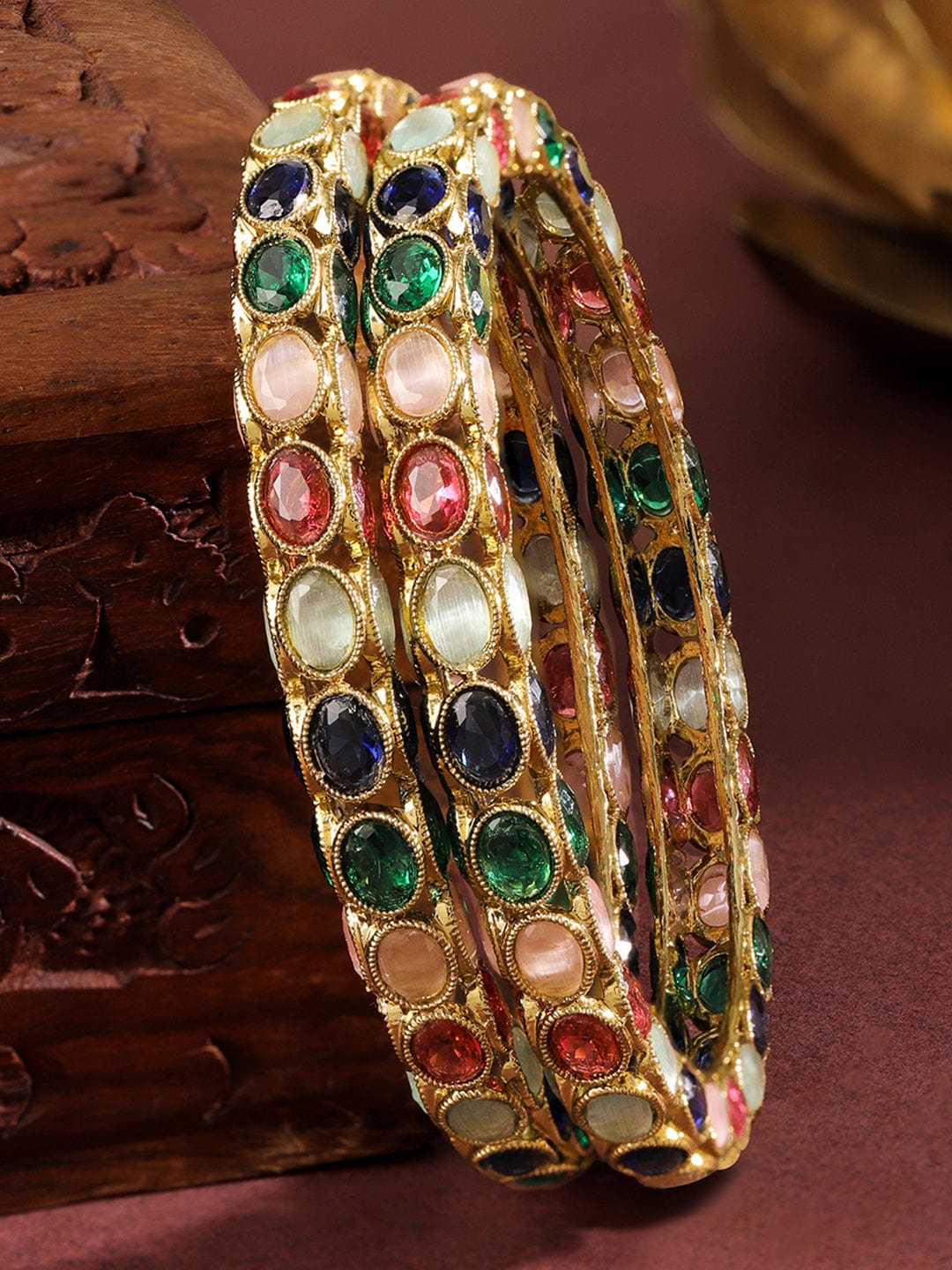 Wentra Set of 2 18K Gold-Plated Multi-Coloured Oval Stone Studded Designer Bangles