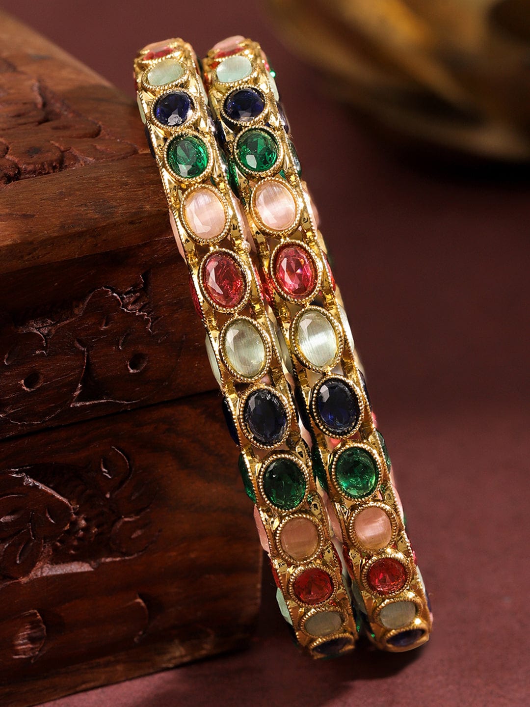 Wentra Set of 2 18K Gold-Plated Multi-Coloured Oval Stone Studded Designer Bangles