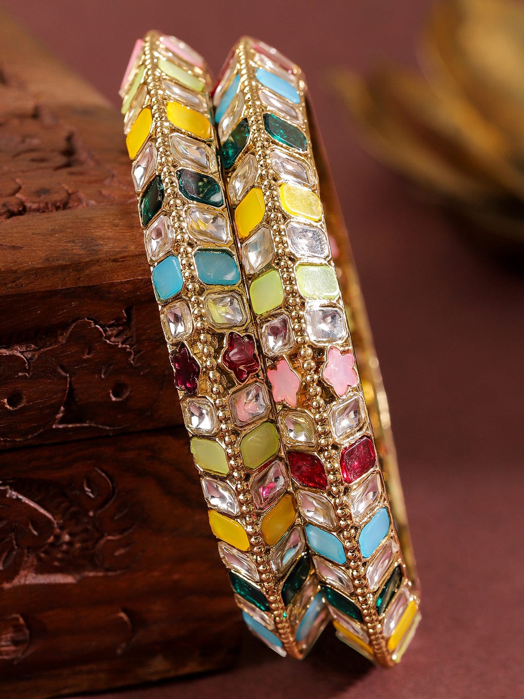 Wentra Set of 2 18K Gold-Plated Multi-Coloured Zirconia Stone Studded Traditional Bangles