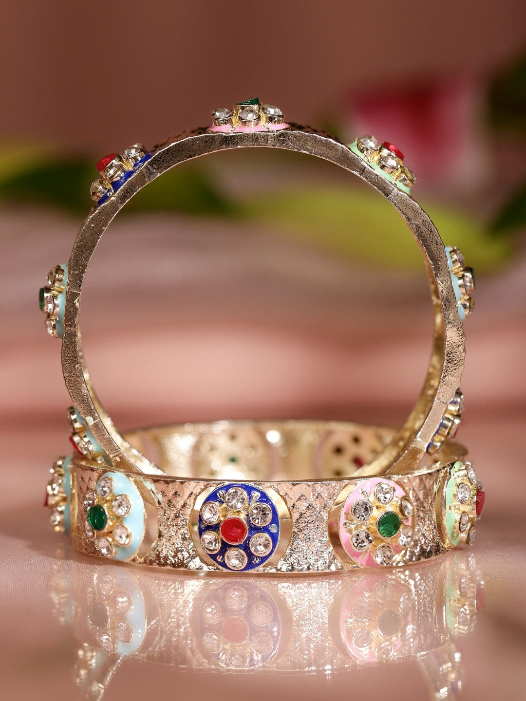 Wentra Set of 2 18K Gold-Plated Multicolor Enamel & Cubic Zirconia Studded Bangles