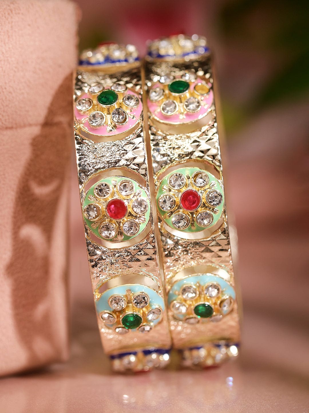 Wentra Set of 2 18K Gold-Plated Multicolor Enamel & Cubic Zirconia Studded Bangles