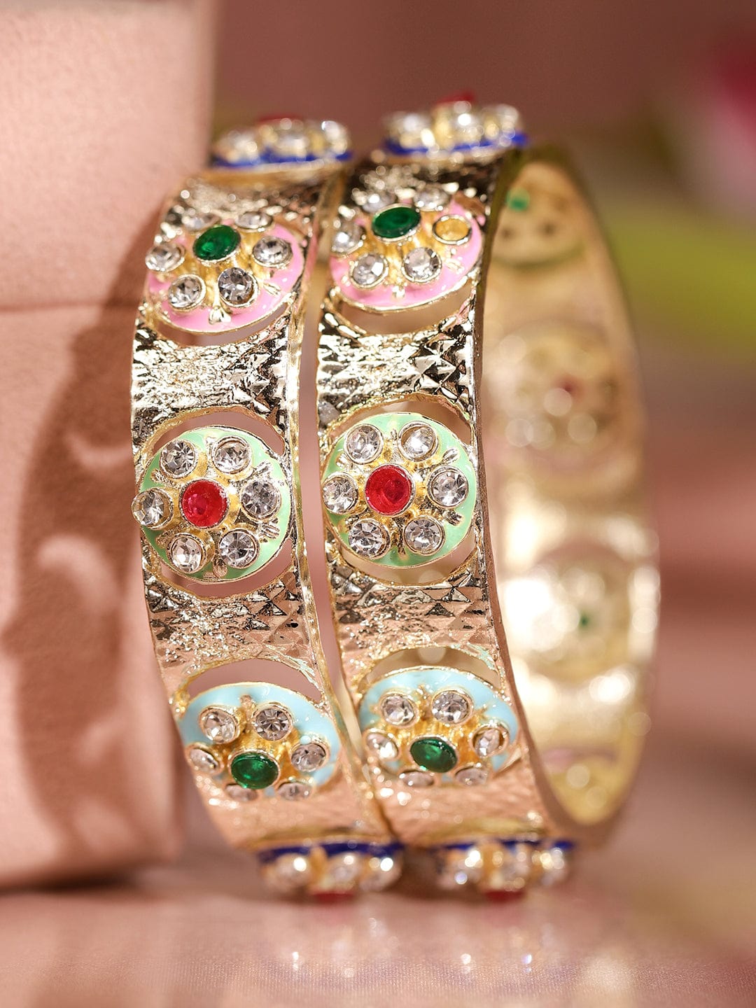 Wentra Set of 2 18K Gold-Plated Multicolor Enamel & Cubic Zirconia Studded Bangles
