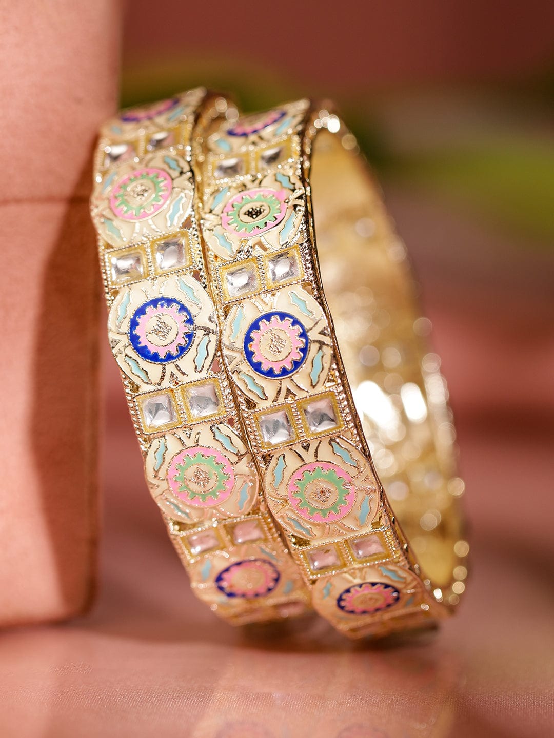 Wentra Set of 2 18K Gold-Plated Multicolor Enamel & Kundan Stone-Studed Handcrafted Bangle