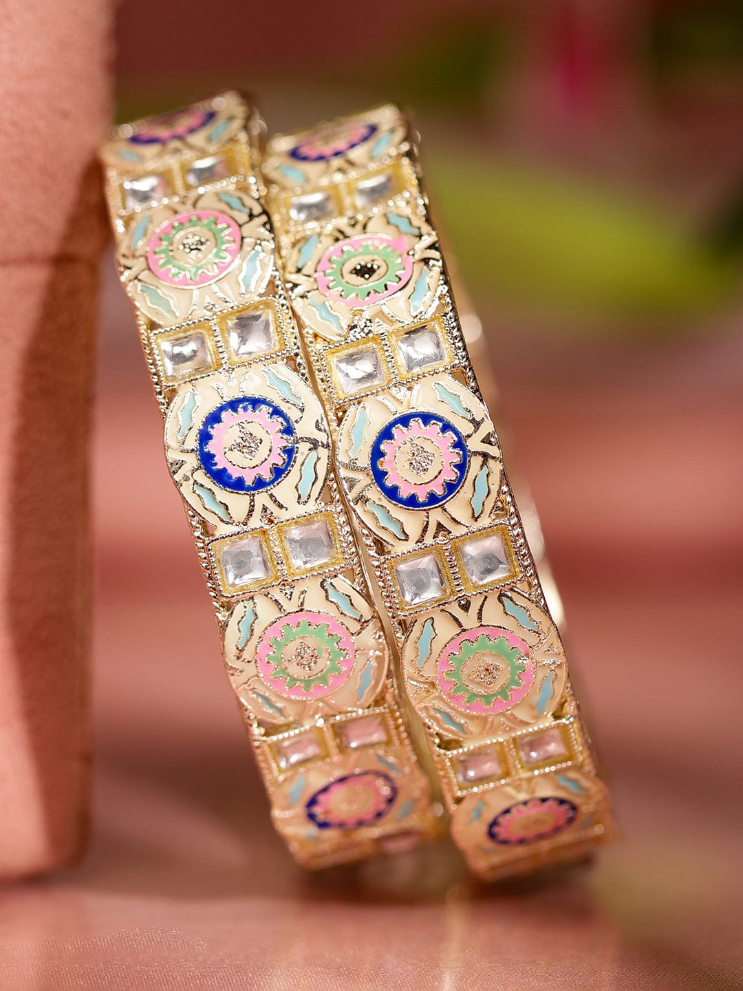 Wentra Set of 2 18K Gold-Plated Multicolor Enamel & Kundan Stone-Studed Handcrafted Bangle