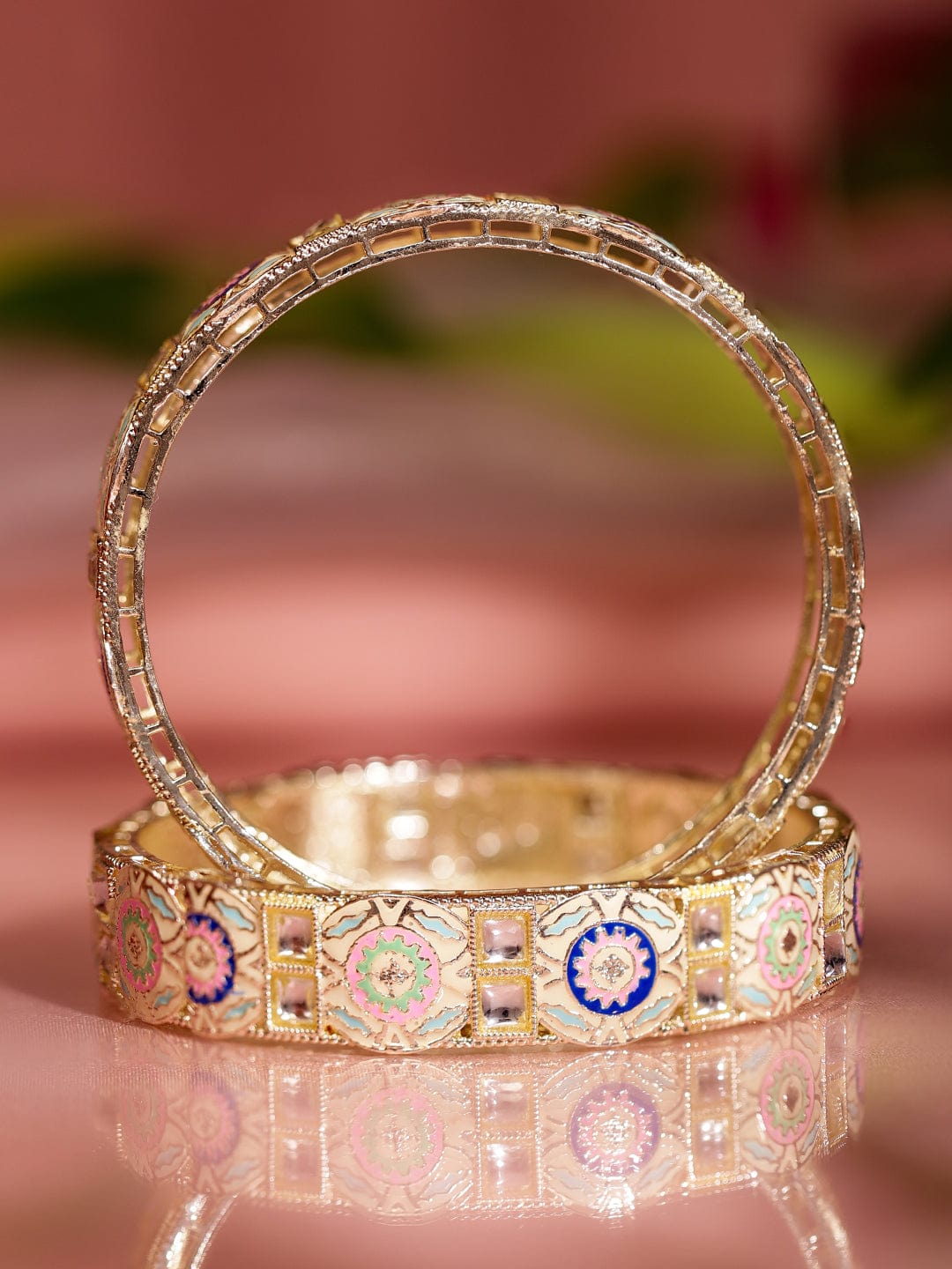 Wentra Set of 2 18K Gold-Plated Multicolor Enamel & Kundan Stone-Studed Handcrafted Bangle