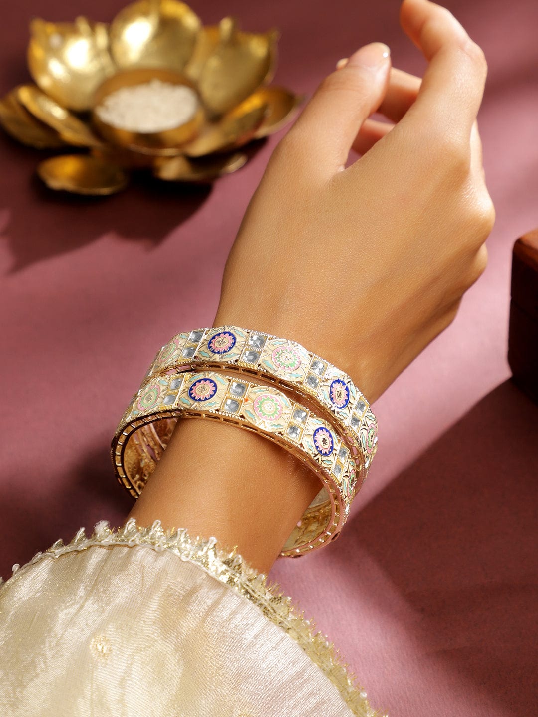 Wentra Set of 2 18K Gold-Plated Multicolor Enamel & Kundan Stone-Studed Handcrafted Bangle