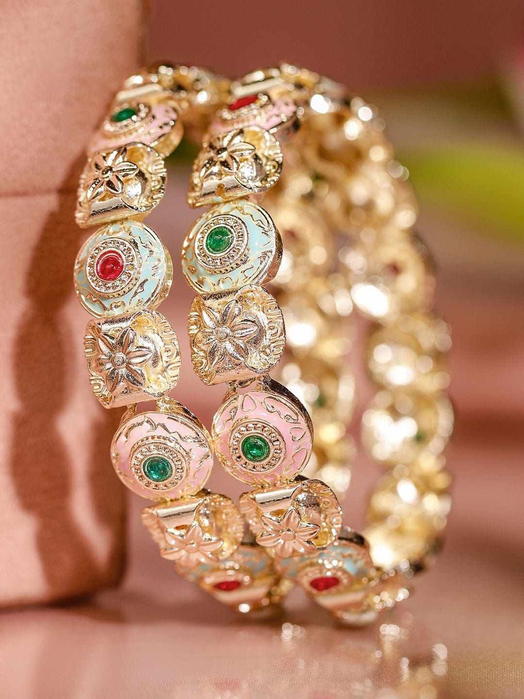 Wentra Set of 2 18K Gold-Plated Multicolor Enamel & Stone-Studded Floral Design Bangles