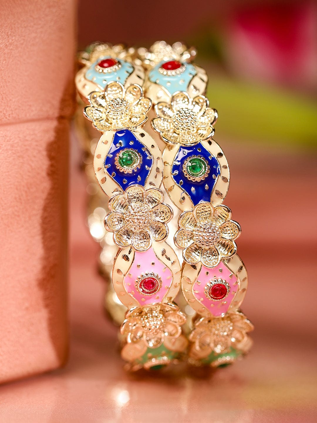 Wentra Set of 2 18K Gold-Plated Multicolor Enamel & Stone-Studded Floral Design Bangles