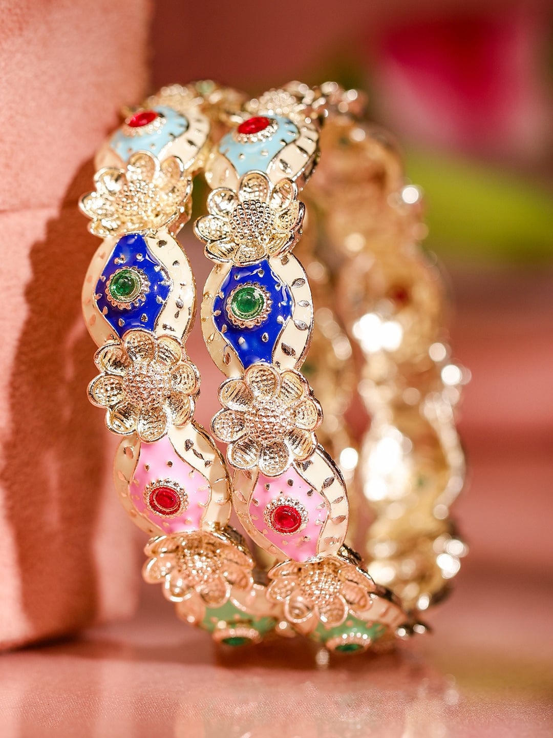 Wentra Set of 2 18K Gold-Plated Multicolor Enamel & Stone-Studded Floral Design Bangles