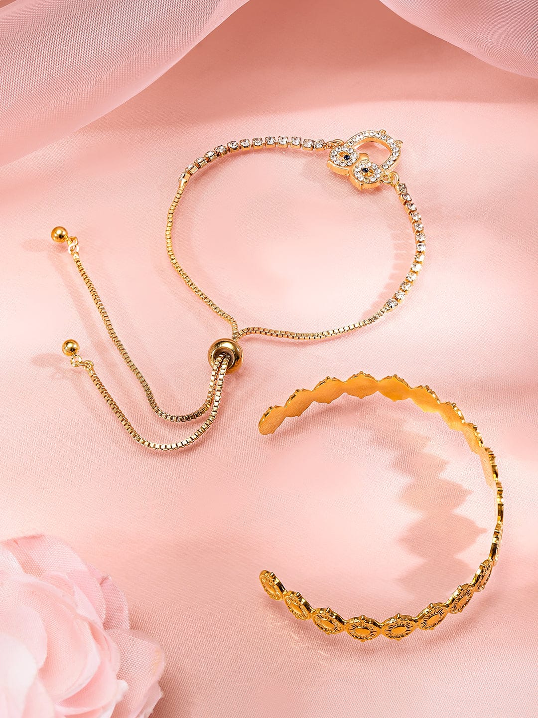 Wentra Set of 2, 18K Gold-Plated Owl & Coin Motif Bracelets