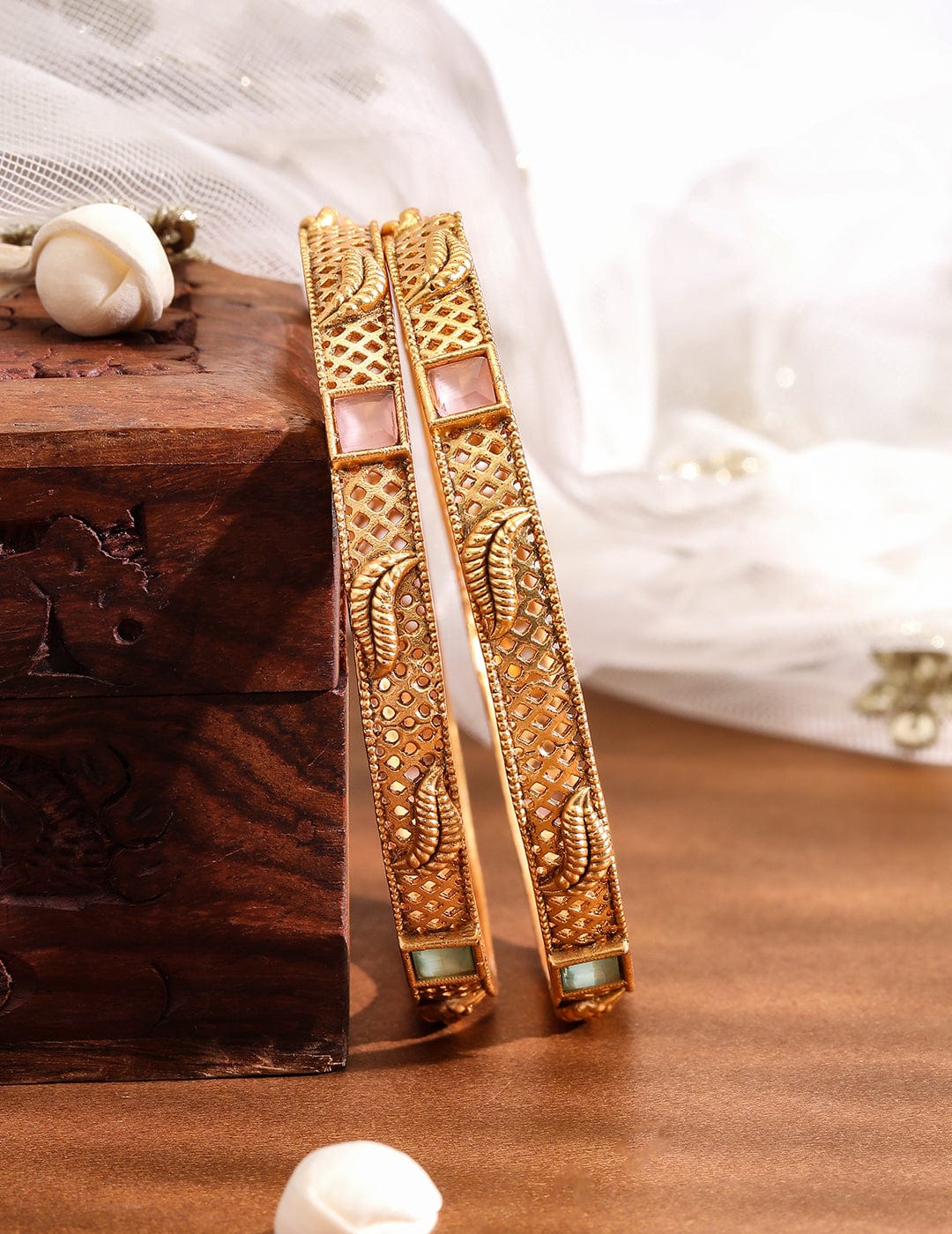 Wentra Set of 2 18K Gold-Plated Pastel Pink & Mint Green Stone Studded Traditional Bangles