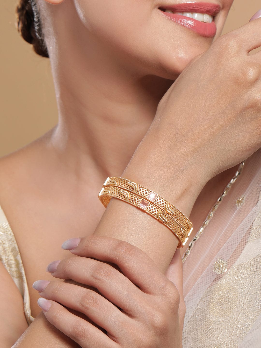 Wentra Set of 2 18K Gold-Plated Pastel Pink & Mint Green Stone Studded Traditional Bangles