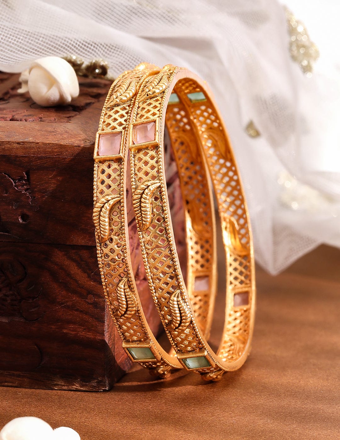Wentra Set of 2 18K Gold-Plated Pastel Pink & Mint Green Stone Studded Traditional Bangles