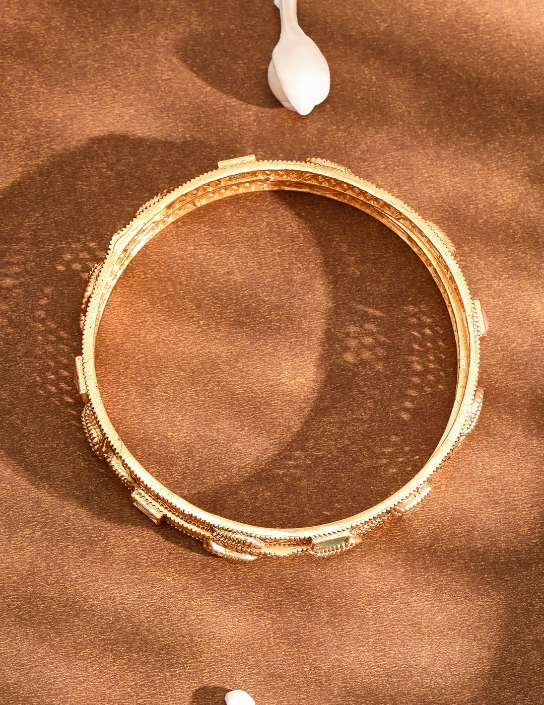 Wentra Set of 2 18K Gold-Plated Pastel Pink & Mint Green Stone Studded Traditional Bangles
